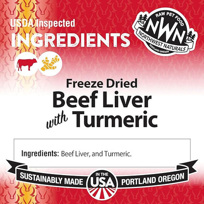 Northwest Naturals Freeze-Dried Beef Liver with Turmeric - Functional Topper for Dogs and Cats - Healthy, Limited Ingredients, Human Grade Pet Food, All Natural - 4.5 Oz (Packaging May Vary)