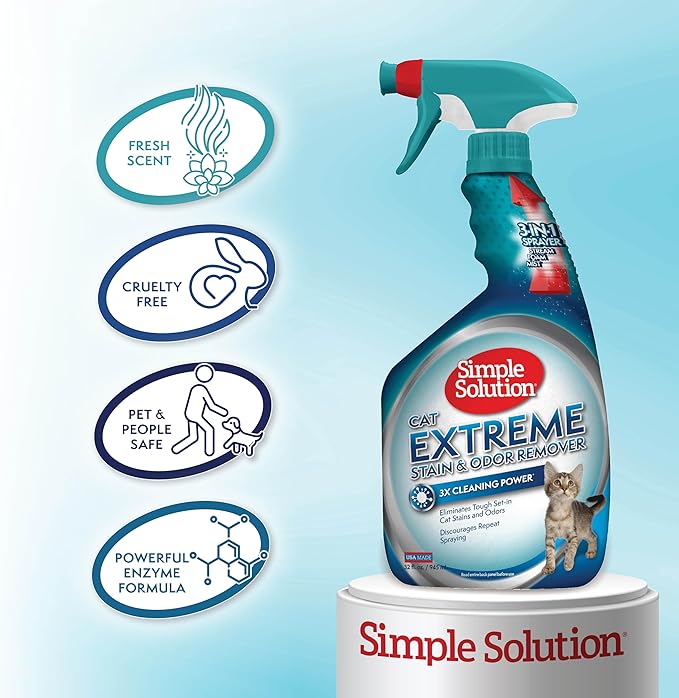 Simple Solution Extreme Pet Stain and Odor Eliminator Spray for Dogs & Cats, Enzyme Cleaner With 3X Pro-Bacteria Cleaning Power- Strong Urine Pee & Poop Carpet & Floor Stain Remover, 32 oz (Pack of 2)