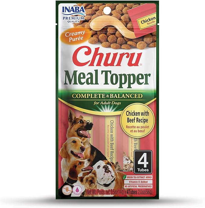 INABA Churu Meal Topper for Dogs, Complete & Balanced, Creamy, Lickable Purée Dog Food Topper, 0.5 Ounce Tube, 4 Tubes (4 per Pack) Chicken with Beef Recipe