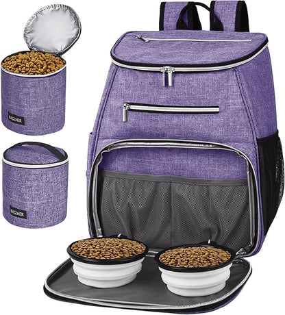 BAGLHER丨Dog Travel Bag Backpack, Airline Approved Pet Supplies Backpack, Dog Travel Backpack with 2 Silicone Collapsible Bowls and 2 Food Baskets Purple