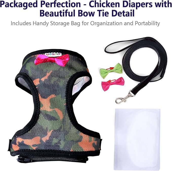 Chicken Harness Hen Camouflage Pink Size with 6ft Matching Leash – Adjustable, Resilient, Comfortable, Breathable (Medium, Camouflage Green)