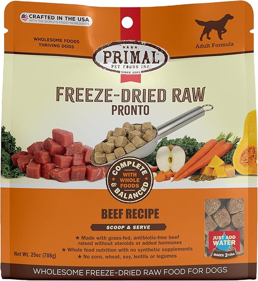 Primal Freeze Dried Dog Food Pronto, Beef; Scoop & Serve, Complete & Balanced Meal; Also Use as Topper or Treat; Premium, Healthy, Grain Free High Protein Raw Dog Food (25 oz)