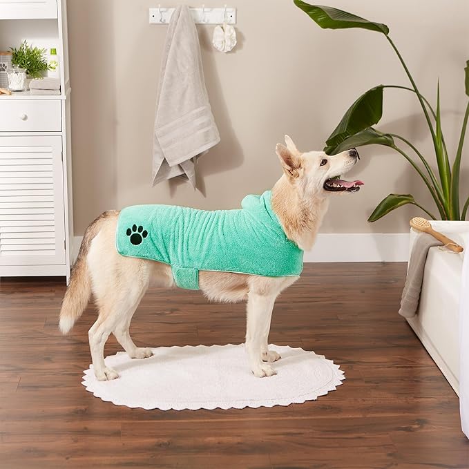 Bone Dry Pet Robe Collection Embroidered Absorbent Microfiber Bath Robe with Adjustable Closure, for Dogs & Cats, Large, Aqua