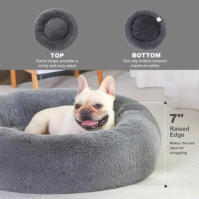 30" Calming Dog Bed with Removable Cover,Anti Anxiety Donut Dog Bed,Plush Round Pet Beds for Medium Dogs,Fluffy Faux Fur Dog Bed,Washable Cuddler Dog Bed(Dark Grey,Medium)