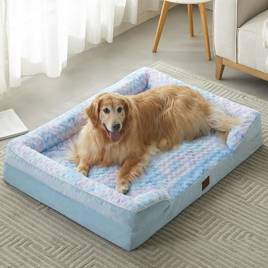 WNPETHOME Waterproof Orthopedic XXLarge Dog Bed with Sides, C-Shaped Sofa Bed for Big Dogs, Rose Pattern Plush Fabric, 45 x 35 x 7 in