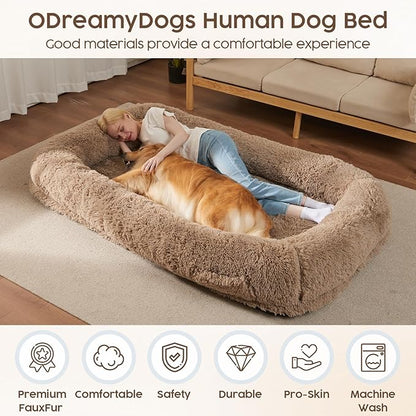 Human Dog Bed Cover (No Filler, Cover only), Human Size Dog Bed Cover Replacement, Suit for 72"x48"x10", 290 GSM Calming Fluffy Plush Cover Washable Removable Anti-Slip, Camel