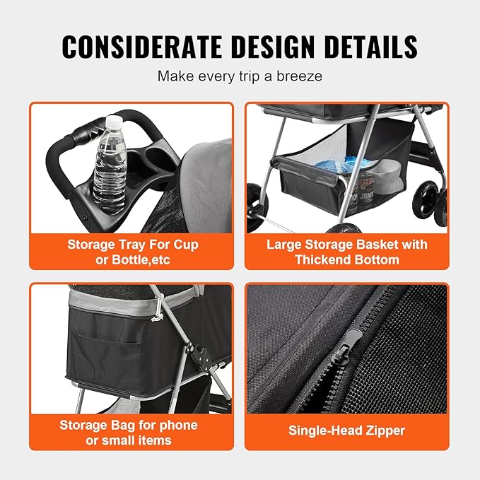 VEVOR 3 in 1 Dog Stroller For Medium Small Dogs Up to 35lbs 4 Wheels