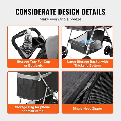 VEVOR 3 in 1 Dog Stroller For Medium Small Dogs Up to 35lbs 4 Wheels