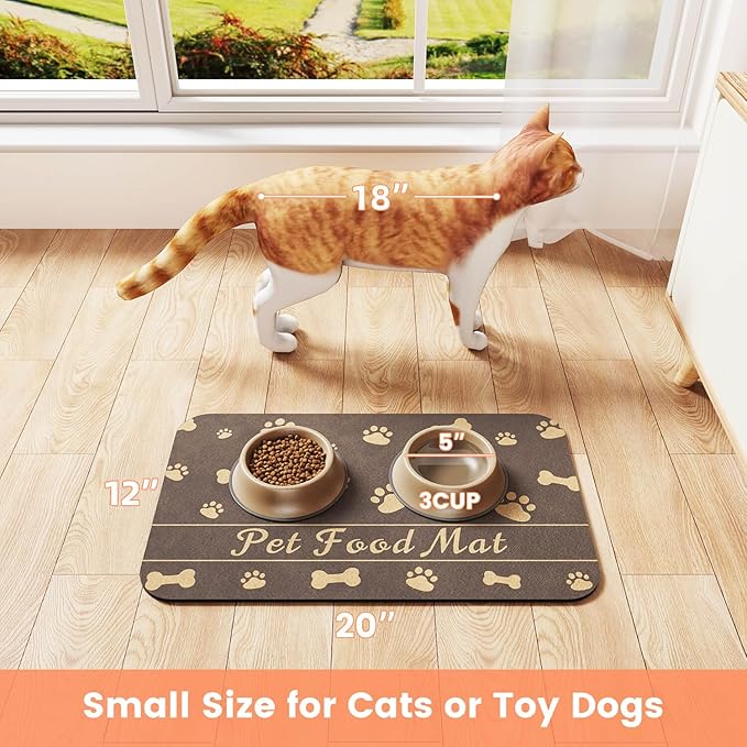 Pet Feeding Mat-Absorbent Pet Placemat for Food and Water Bowl (16"x24", Brown)