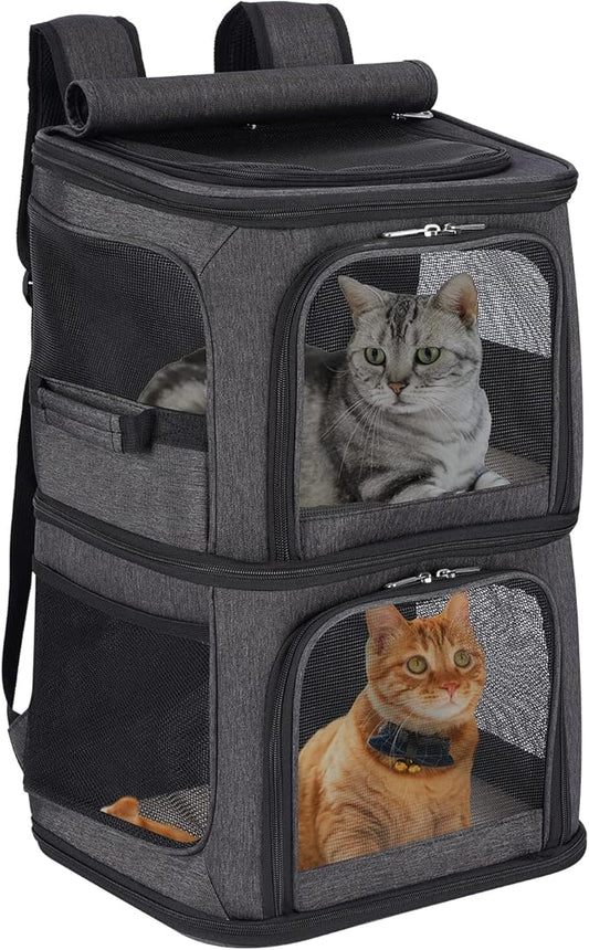 2-in-1 Double Pet Carrier Backpack for Small Cats and Dogs, Portable Pet Travel Carrier, Super Ventilated Design, Ideal for Traveling/Hiking/Camping, Black