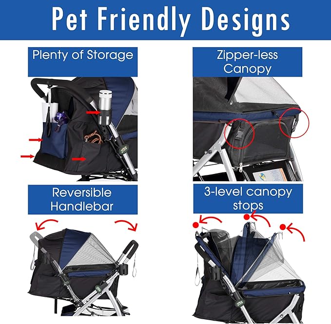 HPZ Pet Rover Premium Heavy Duty Dog/Cat/Pet Stroller Travel Carriage With Convertible Compartment/Zipperless Entry/Reversible Handle/Pump-Free Rubber Tires for Small