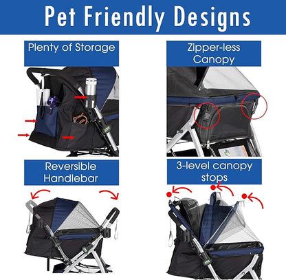HPZ Pet Rover Premium Heavy Duty Dog/Cat/Pet Stroller Travel Carriage With Convertible Compartment/Zipperless Entry/Reversible Handle/Pump-Free Rubber Tires for Small