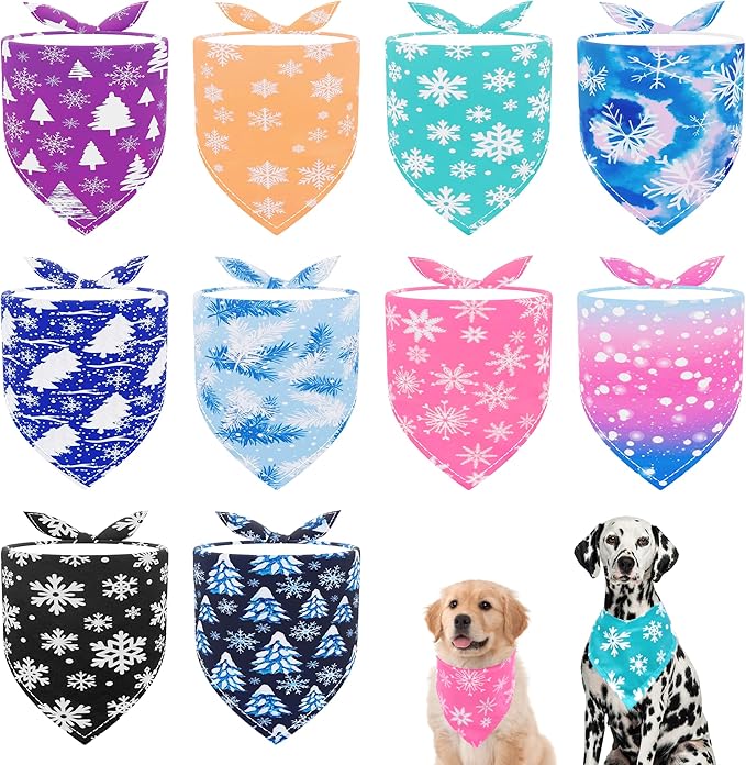 10PCS Big Dog Bandanas Winter Bulk for Large XL Breed Dog Snow Forest Ice PineTree Pattern Kerchief Triangle Bibs Head Scarves for Boys and Girls Grooming Accessories Costume