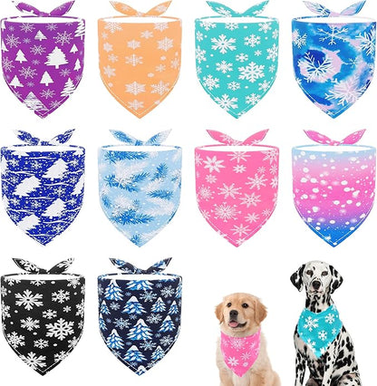 10PCS Big Dog Bandanas Winter Bulk for Large XL Breed Dog Snow Forest Ice PineTree Pattern Kerchief Triangle Bibs Head Scarves for Boys and Girls Grooming Accessories Costume