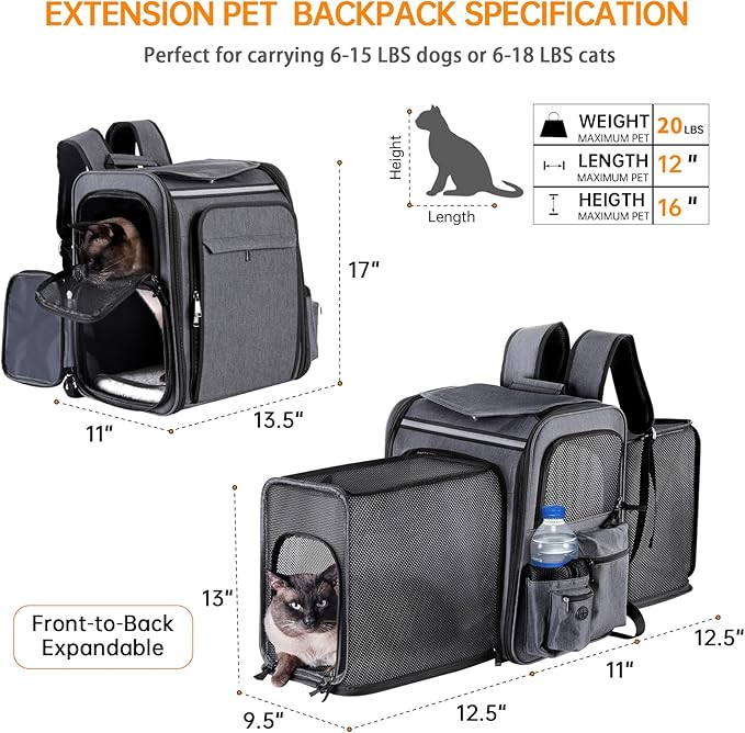 Pet Travel Carrier Backpack, Soft-Sided Breathable Mesh Cat Carrier Backpack for cat,Dogs,Puppies Up to 20 Lbs,Dual Side Expandable to 17 x 13.5 x 36 inches… (Grey + Black Mesh)