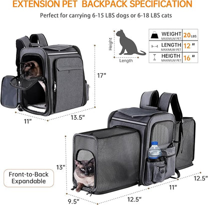 Pet Travel Carrier Backpack, Soft-Sided Breathable Mesh Cat Carrier Backpack for cat,Dogs,Puppies Up to 20 Lbs,Dual Side Expandable to 17 x 13.5 x 36 inches… (Grey + Black Mesh)