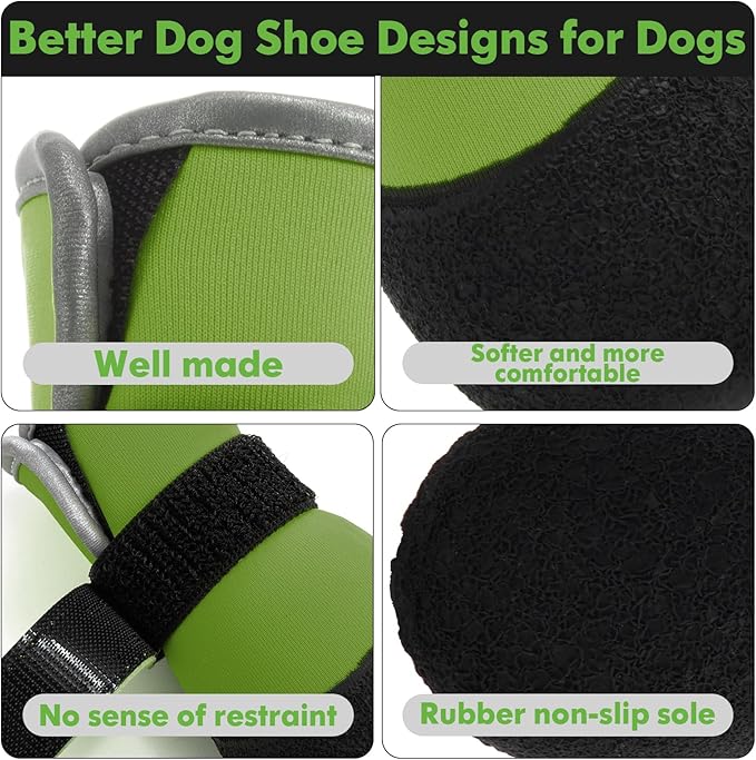 Dog Shoes, Outdoor Dog Boots Non-Slip Waterproof Dog Booties for Medium to Large Dogs 4Pcs for Winter Snowy Day, Summer Hot Pavement with Rugged Sole Green