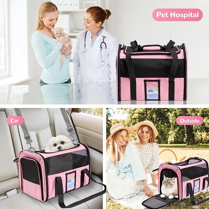 Soft Sided Cat Carrier for Under 18 Pounds, Folable Pet Carrier for Small Medium Cats Dogs, Roomy Dog Travel Carrier, Collapsible Puppy Carrier Bag with Locking Safety Zippers, Pink