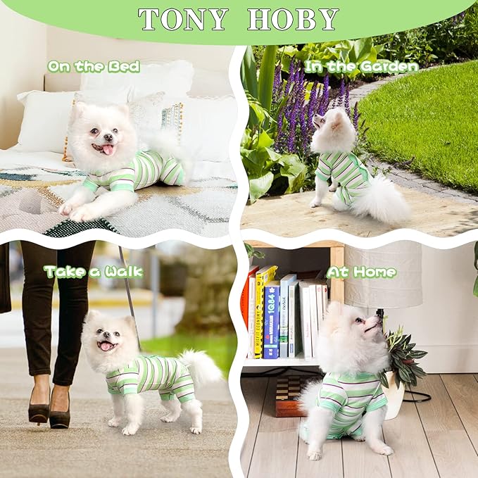 TONY HOBY Dog Pajamas, Dog Jumpsuit 4 Legged Pajamas with Green Stripe, Female Dog Pajamas Pet Clothes for Small Medium Size Dog (Green&White, Girl, L)