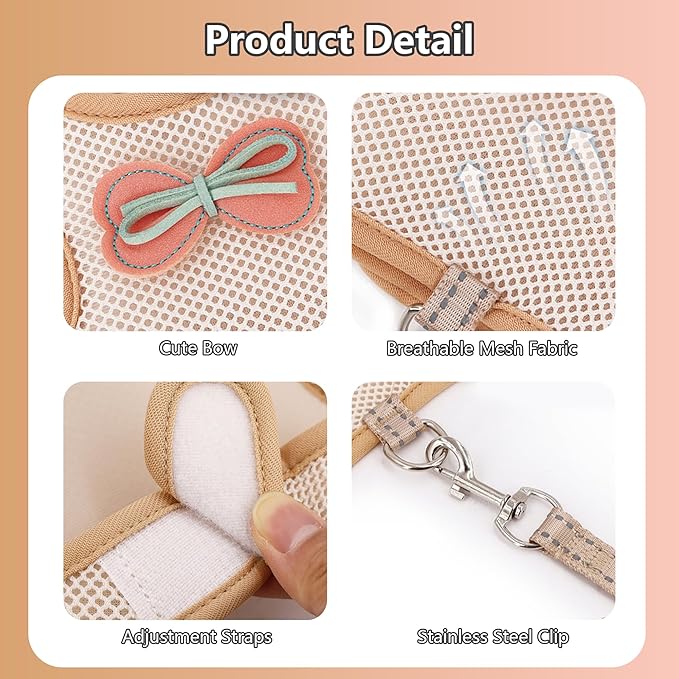 AIITLE Bunny Harness and Leash Set, Soft Breathable Mesh Vest Harness with Cute Bow for Rabbits Kitten Ferret Small Pig Puppy Walking Supplies Beige M