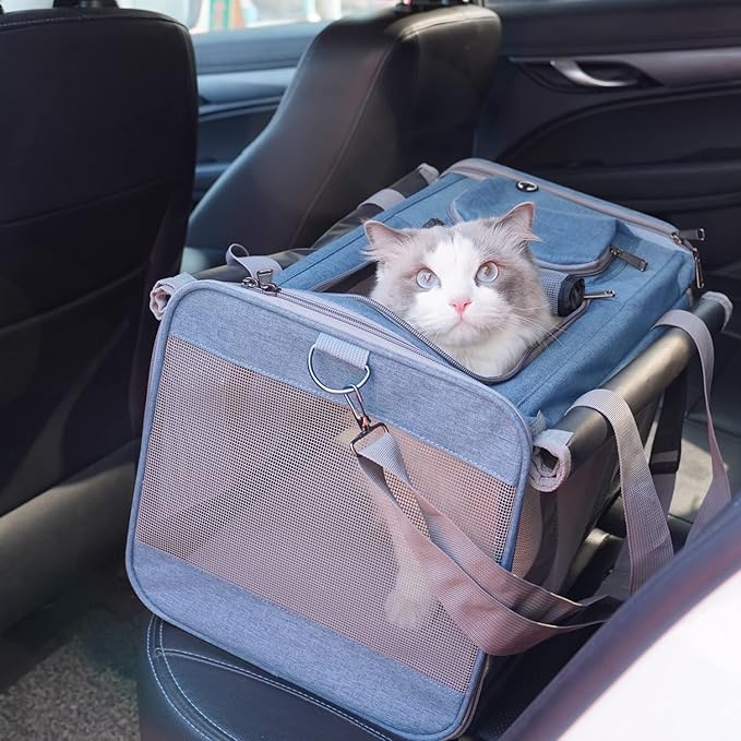 HSC PET Cat Carrier Blue Small Dog Bag,Soft-Sided Temporary Kennel for Puppy Traveling,5 Ventilated Mesh Windows with Curtains,18lb Puppy or 20lb Cat/Kittens