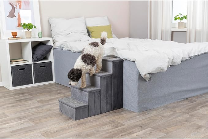 TRIXIE Velour 4-Step Pet Stairs with Storage, Collapsible, Storage Compartments for Pet Toys