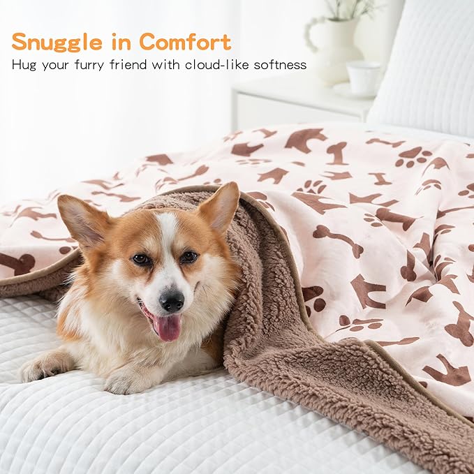 Waterproof Dog Blankets Pet Blanket 50"x60", Soft Fluffy Sofa Car Bed Protector, Reversible Sherpa Fleece Dog Blanket for Large Dogs (Beige-House)