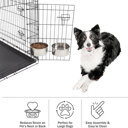 Set of 2 Stainless-Steel Dog Bowls - Cage, Kennel, and Crate Hanging Pet Bowls for Food and Water - 50.4oz Each and Dishwasher Safe by PETMAKER