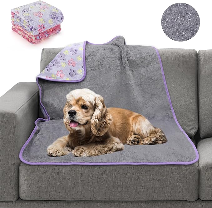 YUEPET Waterproof Dog Blankets, 2 Pack Washable Dog Blankets for Bed Couch Sofa Protector Fleece Flannel Puppy Blanket Soft Plush Reversible Throw Blanket for Medium Large Dog Cat 40"×30"(Purple+Pink)