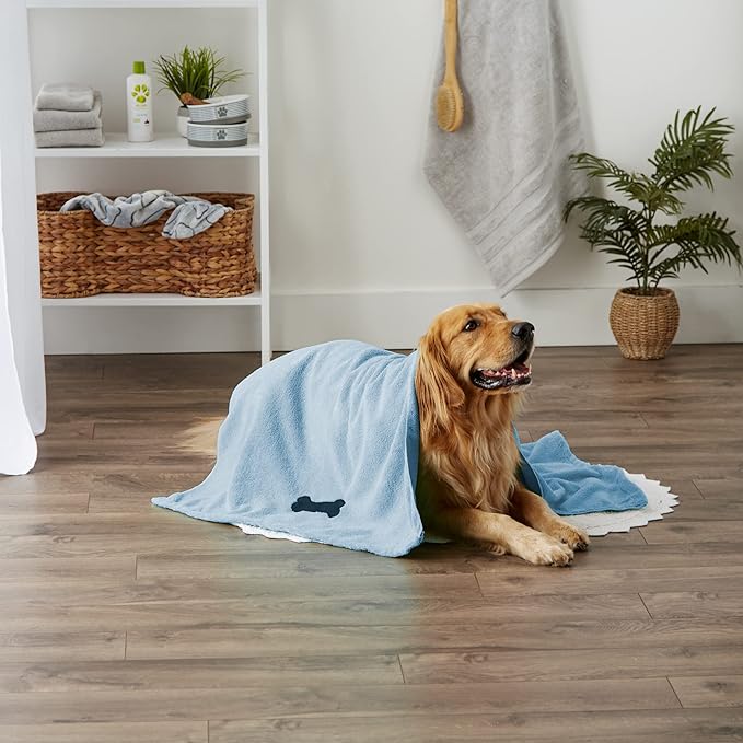 Bone Dry Pet Grooming Towel Collection Absorbent Microfiber X-Large, 41x23.5", Embroidered Blue