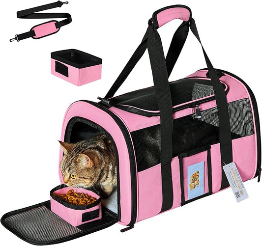 Cat Carrier, Dog Carrier, Pet Carrier Airline Approved for Cat, Small Dogs, Kitten, Cat Carriers for Small Medium Cats Under 15lb, Collapsible Soft Sided TSA Approved Cat Travel Carrier, Pink