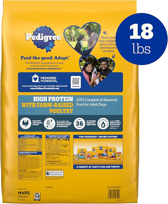 Pedigree High Protein Adult Dry Dog Food, Chicken and Turkey Flavor, 18 lb. Bag