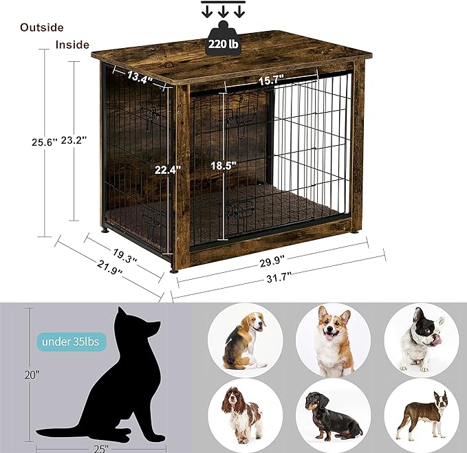 DWANTON Dog Crate Furniture with Cushion 32.5" L,