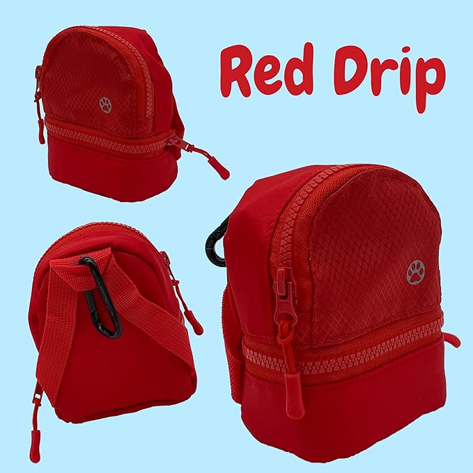 LLC Dog Backpack, Cat Backpack, Small Carrier | Clip on Harness or Leash, Fun Pet Treat Holder, Toy Bag, or Waste Dispenser | Dog Treat Training Pouch (Red Drip)