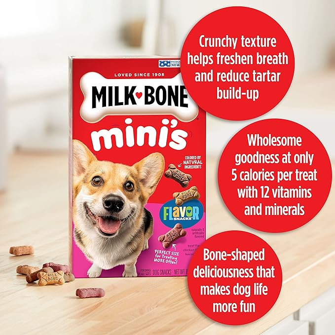 Milk-Bone Mini's Flavor Snacks Dog Treats, 15 Ounce (Pack of 6) Crunchy Texture Helps Reduce Tartar