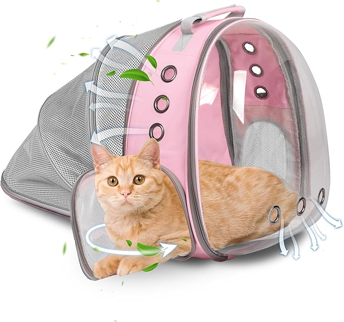 TOYSINTHEBOX Cat Backpack Carrier, Expandable Breathable Pet Bubble Backpack for Cat Small Dog Airline Pet Travel Carrying Bag for Hiking, Travel, Camping & Outdoor Up to 13 Lbs Pink