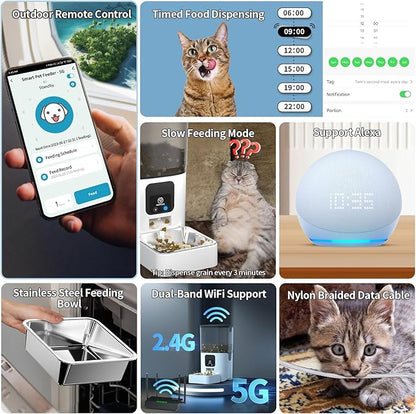 5G WiFi Automatic Cat Feeders: Smart Automatic Cat Food Dispenser with Slow Feeding Mode, Detachable for Easy Cleaning, Pet Feeder with Alexa, 1-30 Meals Per Day for Multiple Pets (6L/25 Cup)