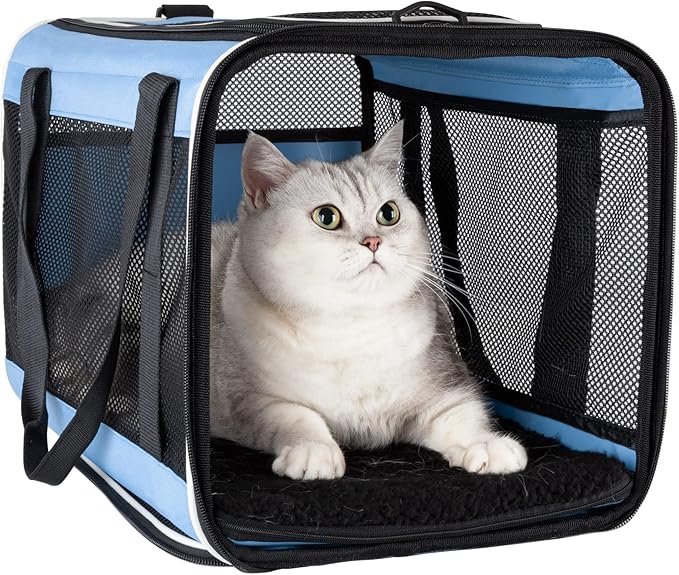 petisfam Soft Pet Carrier for Large and Medium Cats, 2 Kitties, Small Dogs. Easy to Get Cat in, Great for Cats That Don't Like Carriers (Blue)