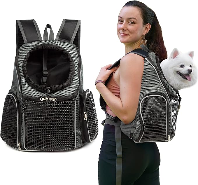 Pet Front Carrier Dog Backpack, Adjustable Pet Front Cat Dog Carrier Backpack Travel Bag Easy-Fit for Traveling Hiking Camping for Small Medium Large Dogs Cats Puppies (Small，Grey)