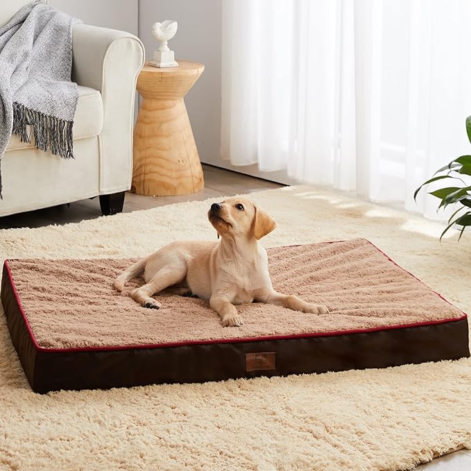 WNPETHOME Orthopedic Large Dog Bed, Dog Bed for Large Dogs with Egg Foam Crate Pet Bed with Soft Rose Plush Waterproof Dog Bed Cover Washable Removable（Dog Bed Large 36 x 27 x 3 inch Brown）