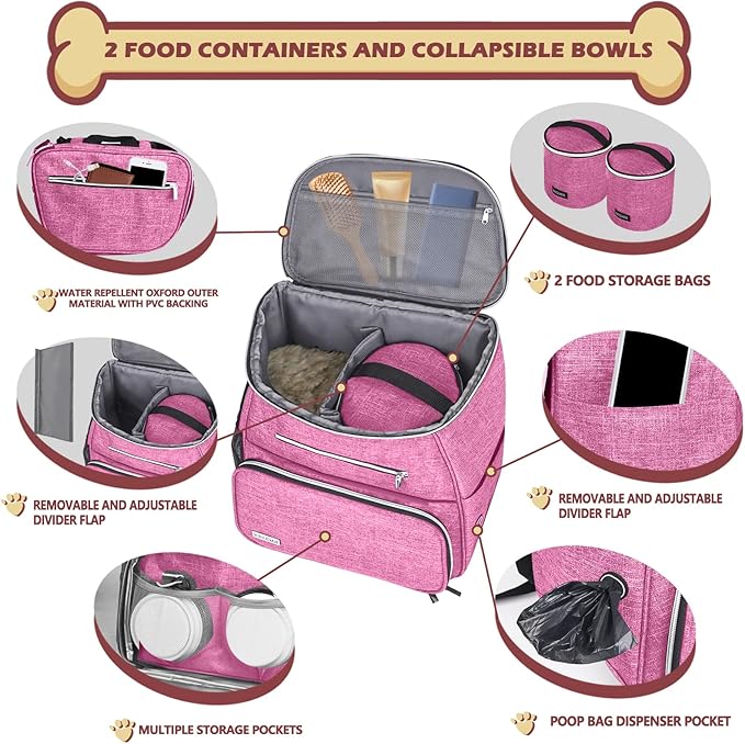 BAGLHER丨Dog Travel Bag Backpack, Airline Approved Pet Supplies Backpack, Dog Travel Backpack with 2 Silicone Collapsible Bowls and 2 Food Baskets Pink