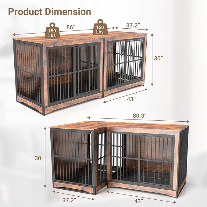 Rovibek Double Dog Crate Furniture 86 Inch, 2 Dog 2 Dogs