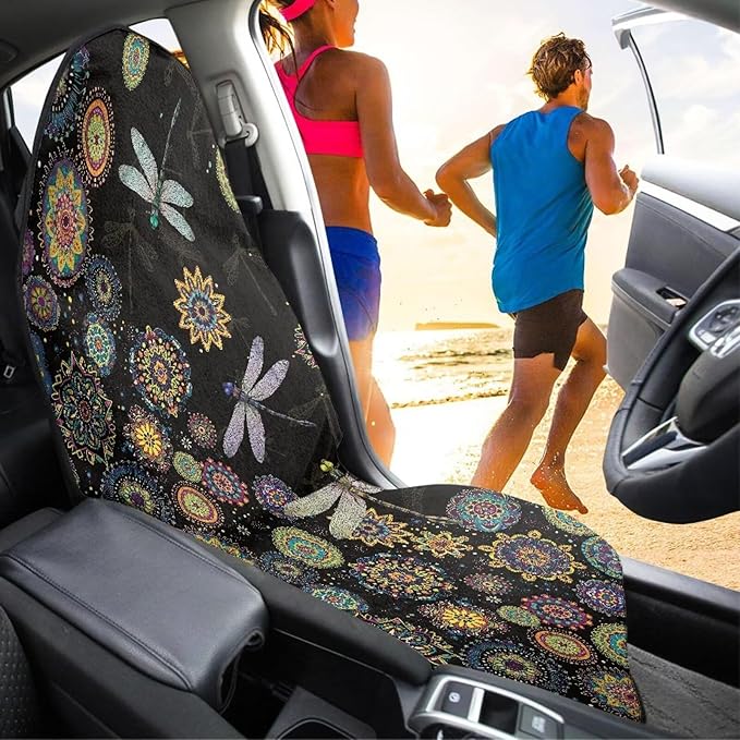 Dragonfly Sweatproof Towel Car Front Seat Cover Non-Slip Bucket Seat Protector Easy to Install from Sweat, Food, Dirt, Gym, Swimming, Workout and Grime