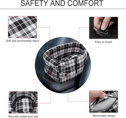 X AUTOHAUX Large Plaid Style Dog Car Seat Adjustable Straps for Medium Small Sized Puppy Cat Seat Pets Soft Non Slip Bottom Travel Bed Black White