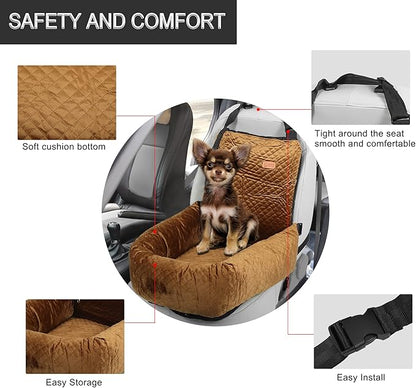 X AUTOHAUX Dog Car Pet Booster Seat Warm Flannel Puppy Bed Blankets Travel Safety Carriers Detachable Washable Cover with Seat Belt for Medium Small Sized Pet Up to 35lbs Coffee