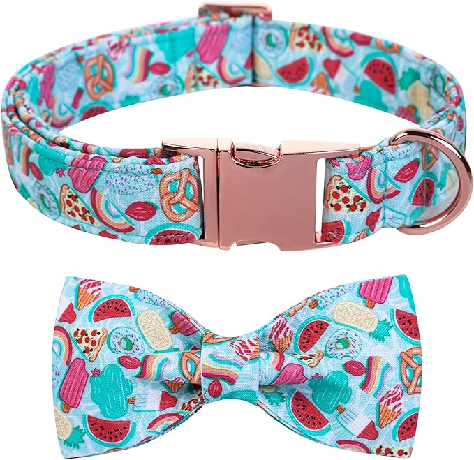 Maca Bates Summer Dog Collar with Fruit Icecream Print Bow Bowtie for Dogs Adjustable Breakaway Bow Tie Cute Puppy Collars Birthday Gift for Small Medium Large Girl Boy Male Female Puppies Pets