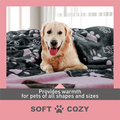 Upgraded Dog Blankets for Large Dogs 2024, Dog Cat Flannel Blankets Washable, Soft Pet Mat Throw Cover for Kennel Crate Bed, Cute Paw Pattern, Dog Blanket, Pet Blanket, GreyPink,50x60 inch