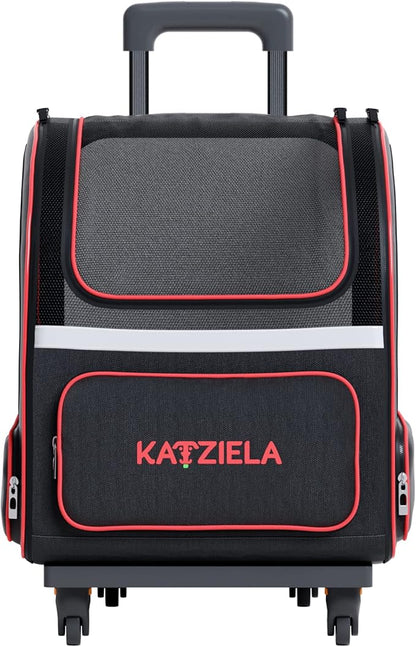 Katziela 4 Wheeled Pet Carrier Backpack - Soft Sided, Airline Approved Hiking Carrying Bag for Small Dogs and Cats – Removable Rolling Wheels – Mesh Ventilation Windows, Storage Pockets (Black/Red)