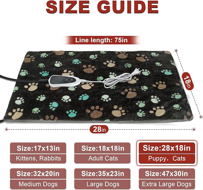 Puppy Heating Pad 28x18 in Pet Heating Pad for Dogs，Waterproof Outer Skin and Smart Thermostat Switch