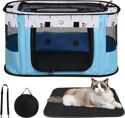 Cat Carrier Soft Portable Pet Carrier for Small or Medium Cats Dog Carrier Cat Travel Bag with Mat and Carry Bag, Blue